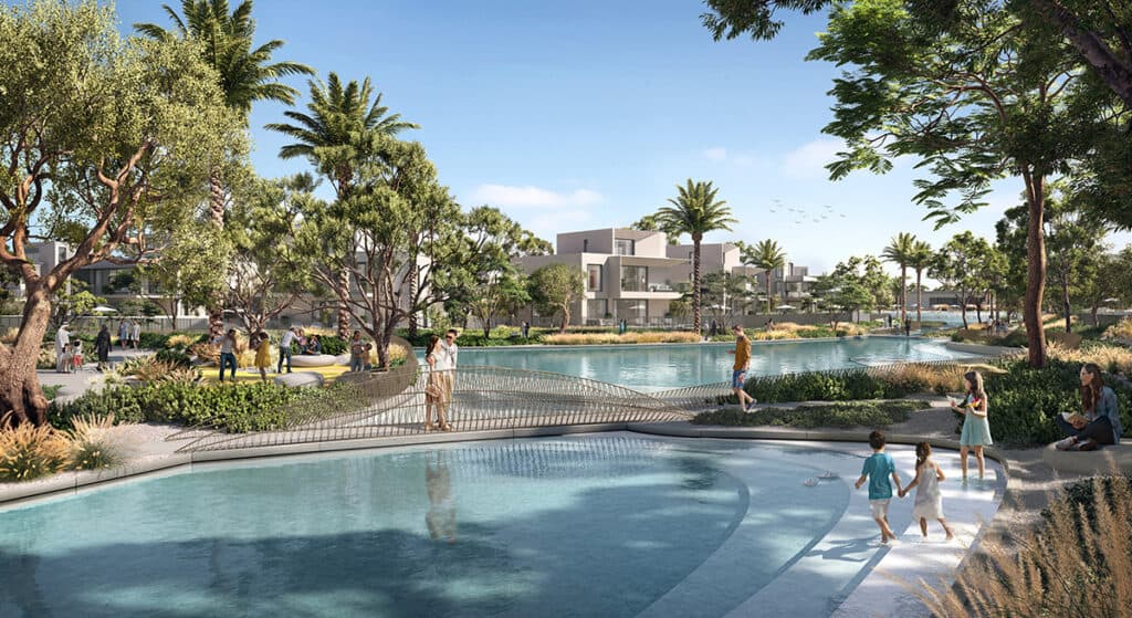 Swimmable lagoon and waterfront promenade between villas at The Oasis by Emaar, Dubai